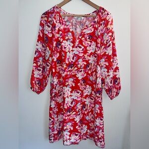 Bright Floral V-Neck Tunic Dress - Red & Pink
